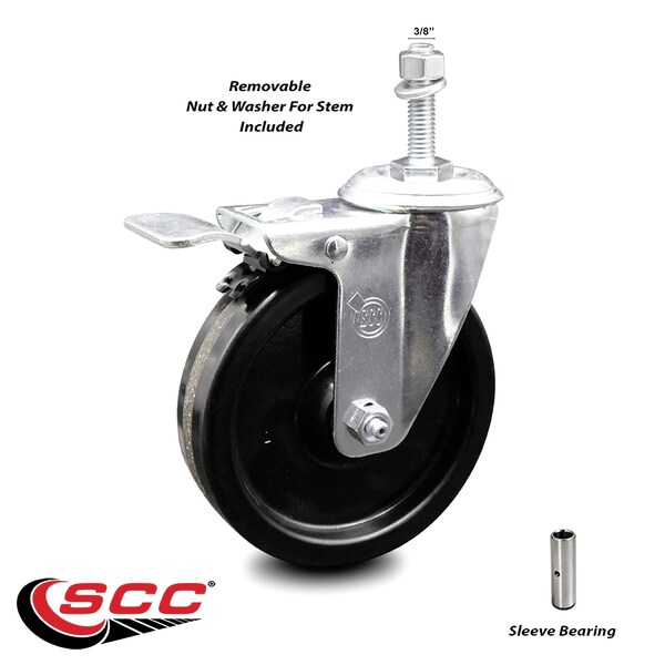 5 Inch Phenolic Swivel 3/8 Inch Threaded Stem Caster with Total Lock Brake SCC